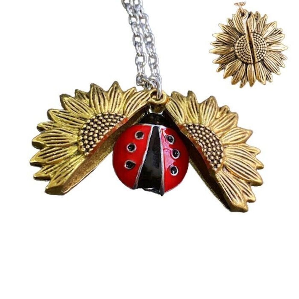 NEW Gold Sunflower Locket Necklace Opens to Red Ladybug Gardening Summer